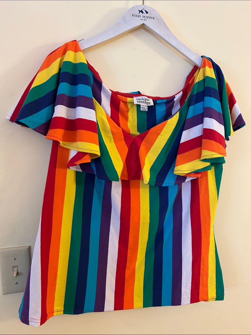 Unique Vintage Rainbow Striped Top Size 2X Women’s 18 Ruffled Neckline Pride